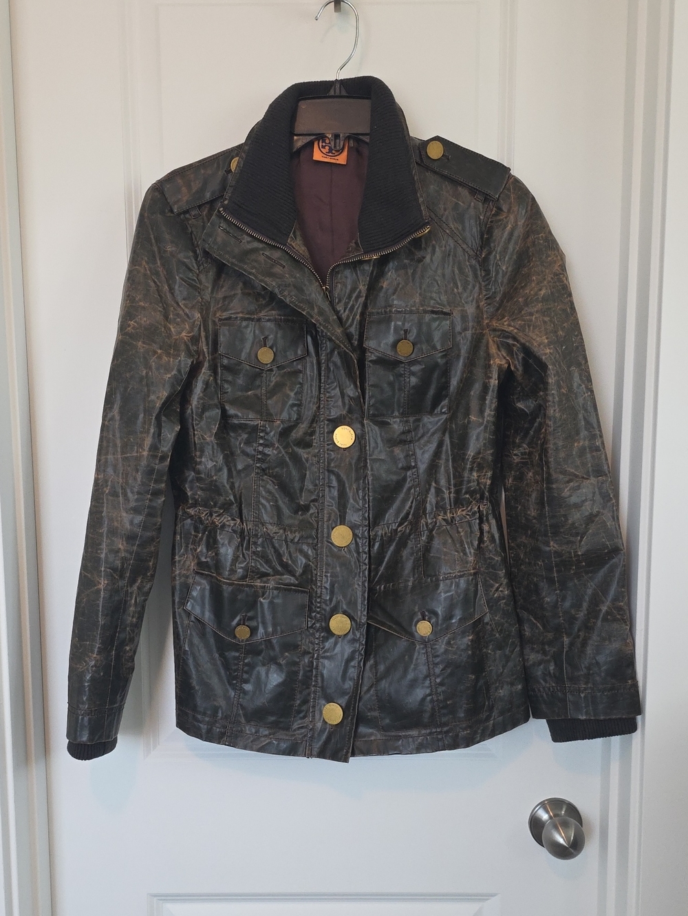 Tory Burch Distressed Dark Brown Waxed Utility Jacket